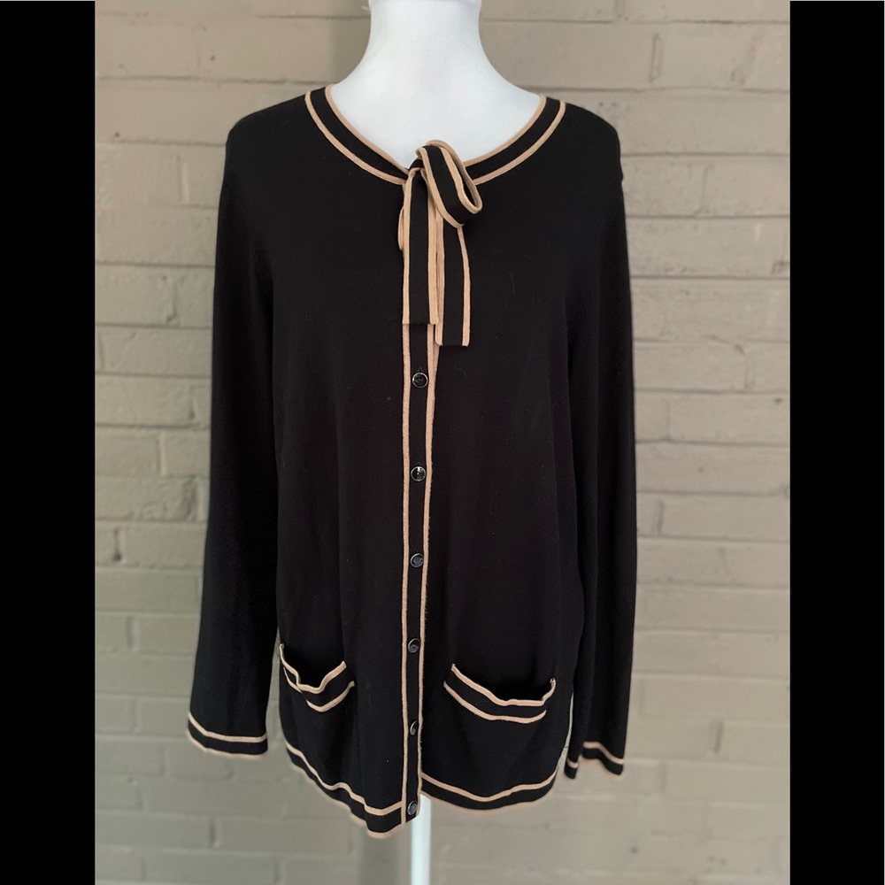 Talbots Black and Tan tie neck sweater/ cardigan X